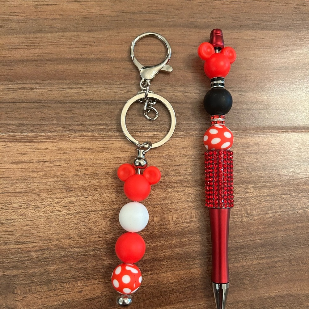 Mickey and Minnie Mouse Red and White Beaded Keychain and Pen Set